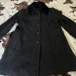 Charcoal black curly lamb collar wool peacoat M faux fur trim 9 10 jacket retro